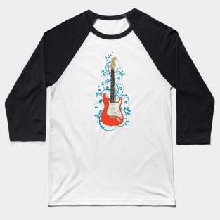 Red S-Style Electric Guitar Flowering Vines Baseball T-Shirt